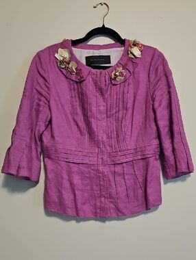 Elie Tahari Fuchsia Floral-Trim Collar Jacket Linen & Silk -See Measurements!